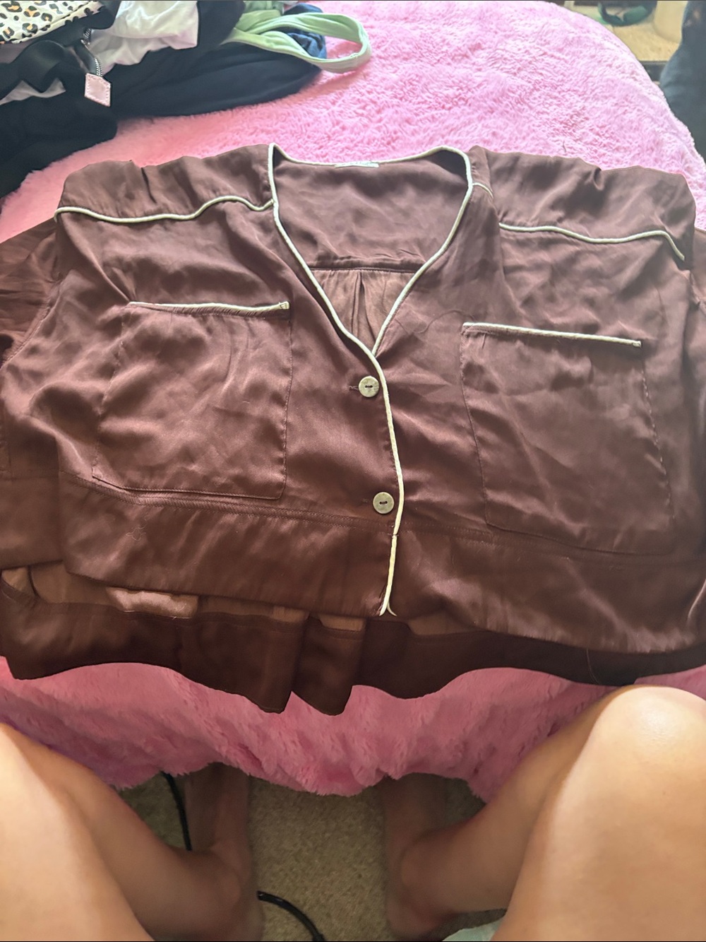 Free People Intimately Silky Brown Pajama Top with Contrast Piping
